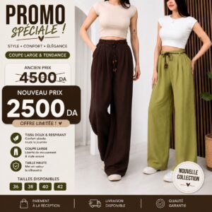 Pantalon Large Taille Haute – Ceinture Perlée